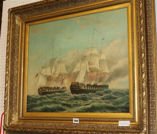 Gilt framed oil of battle ships, signed